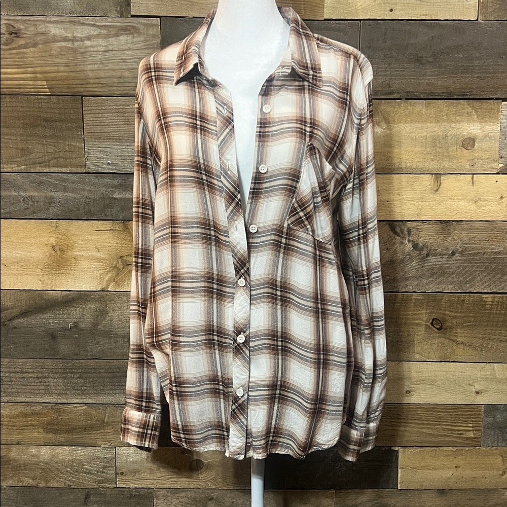 Plaid, brown, tan/cream button down shirt Time and Tru, size Medium (8-10),